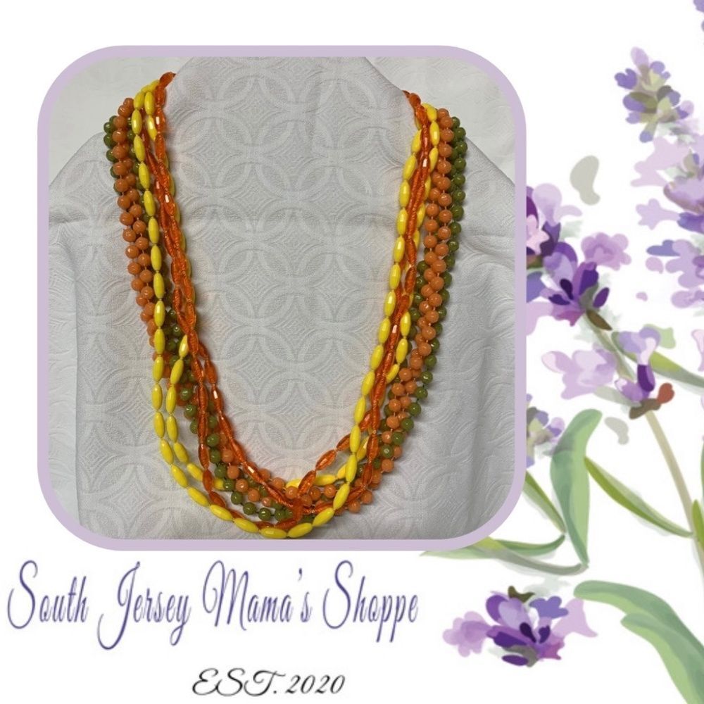 Vintage 1950s Eight Strand  Beaded Necklace Orange Yellow Green